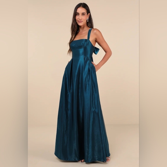 Lulus Immaculate Aura Shiny Dark Teal Taffeta Maxi Dress With Pockets S Wedding - Picture 2 of 11
